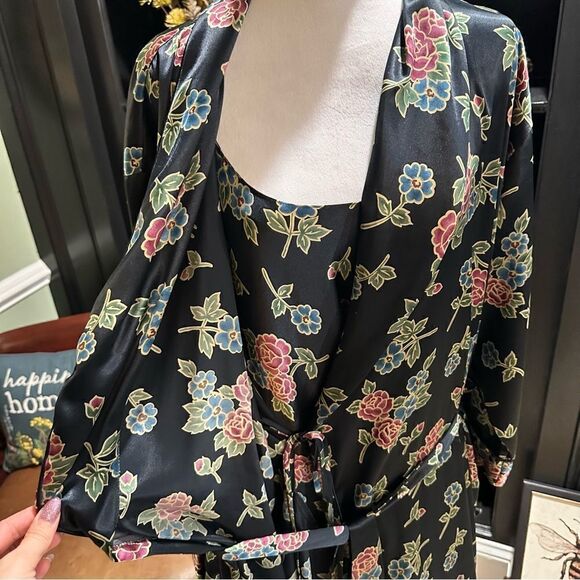 Go Softly Black Metallic Rose Vintage Robe and Nightgown Size Large - Picture 11 of 14